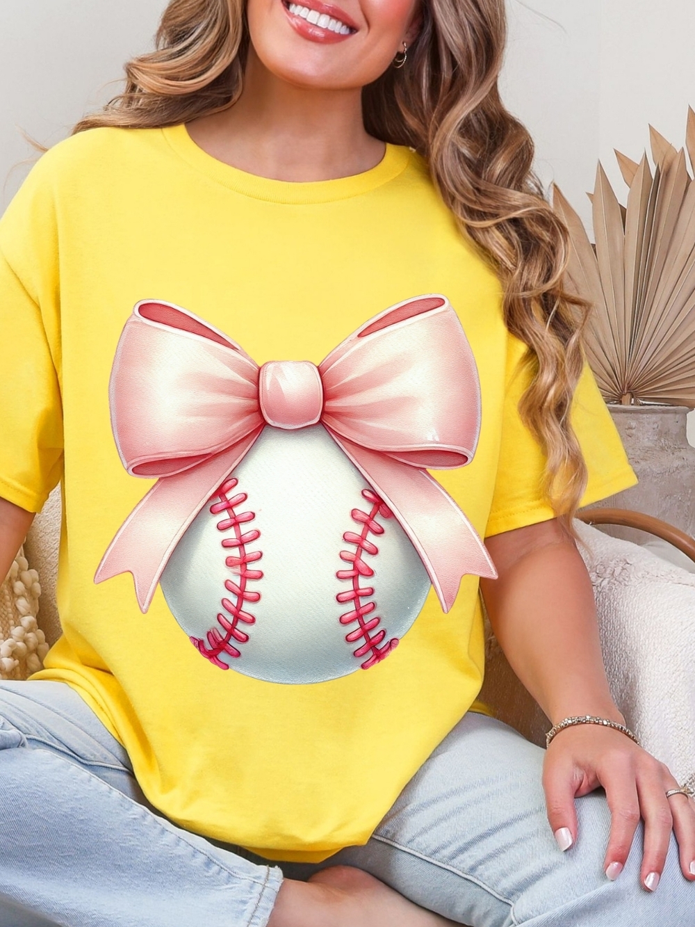 Gildan Yellow Tee with Pink Bow and Baseball Graphic